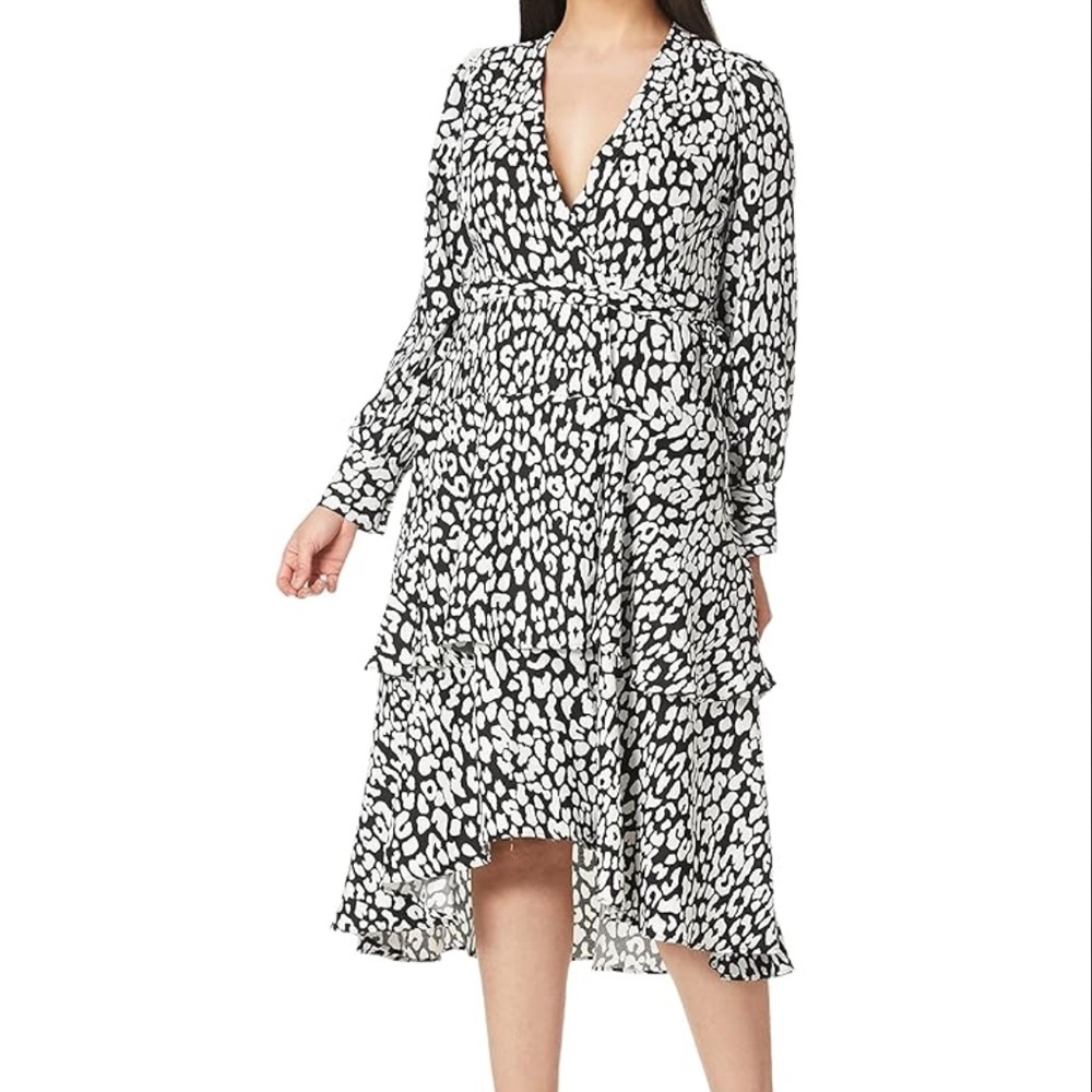 Calvin Klein Women's Animal-Print High-Low Black and Cream Wrap Dress